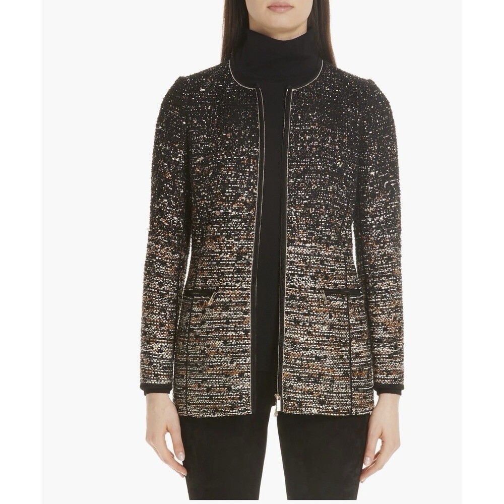 Lafayette 148 Karina Ombré Boucle Tweed Jacket Blazer Front Zip Black Gold 1X